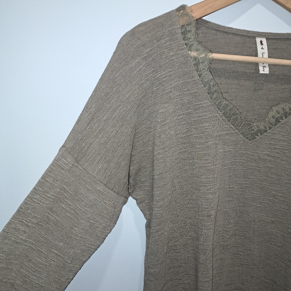 Vanilla Bay Olive Green Lace V-Neck Light Knit Boho Sweater Womens Small